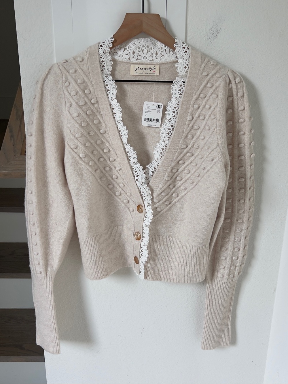 Free People Lace SoftSpun Long Sleeve Cardi Cardigan Sweater in Ivory NWT